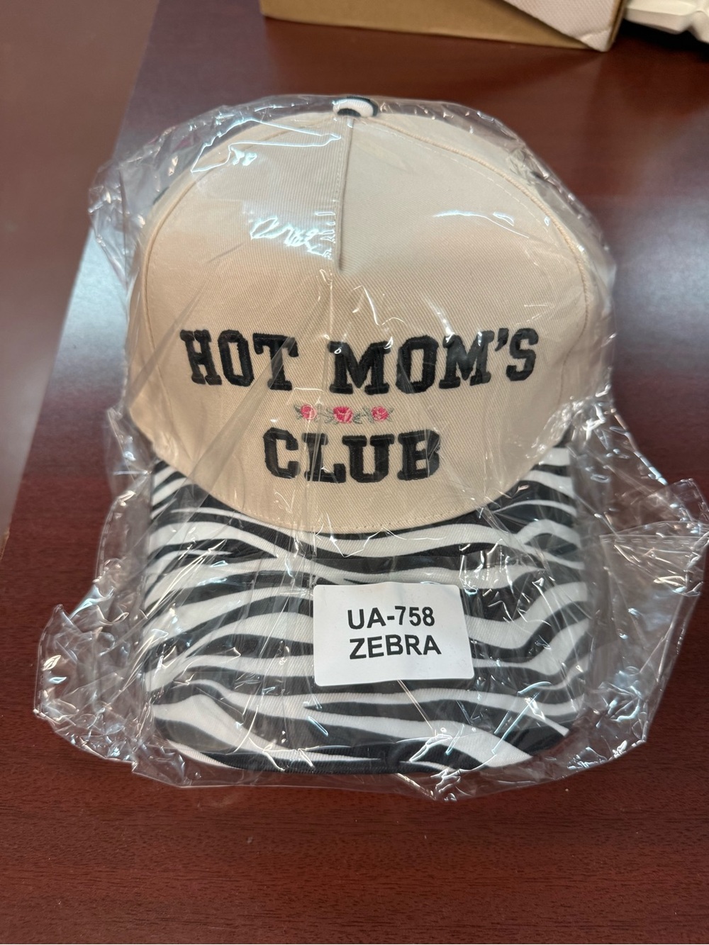 Zenana Outfitters Hot Mom's Club Cap - Beige Crown with Black & White Zebra Brim